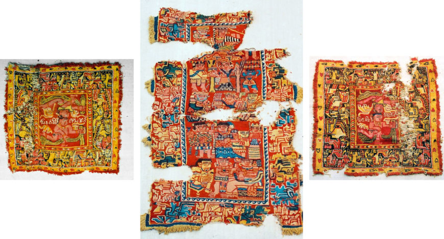 Three of the five carpets looted from Shanpula Township. Left: carpet with putti figures and Brahmi/Khotanese inscriptions, Shanpula, 5th–6th century; center: knotted wool carpet, 5th or 6th century, Shanpula; right: carpet with putti figures and Brahmi/Khotanese inscriptions, Shanpula, 5th–6th century (photos: Qi Xiaoshan)