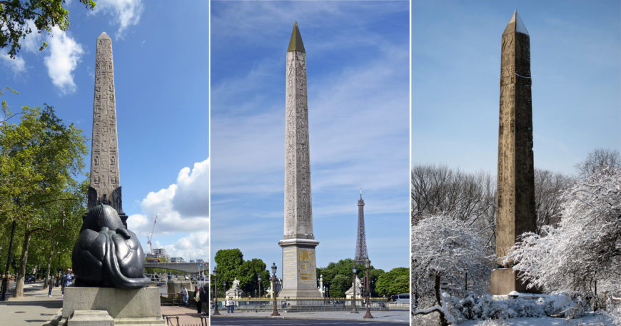 Left: Cleopatra's Needle, Westminster, London (photo: Ethan Doyle White, CC BY-SA 4.0); center: Luxor Obelisk, Place de la Concorde, Paris (photo: Jebulon, CC0); right: Cleopatra's Needle, New York City (photo: Kimberly Cassibry, CC BY-SA 4.0)