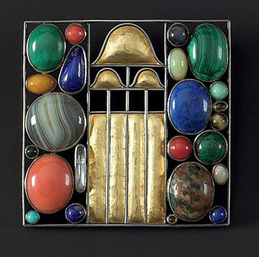 Josef Hoffmann, Brooch, 1907, silver, partly gilt, agate, coral, lapis lazuli, malachite, turquoise and other semi- precious stones. Private collection.