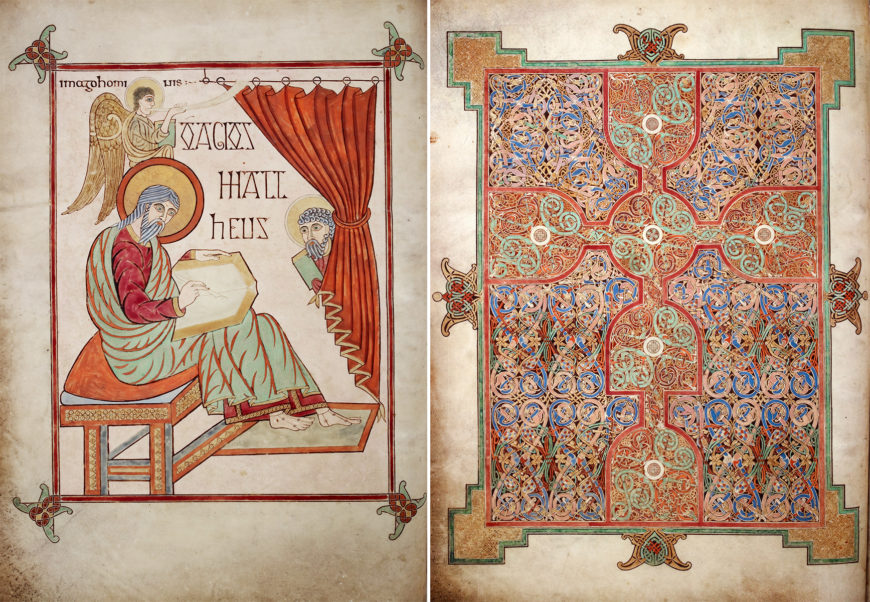 The Lindisfarne Gospels, left: Saint Matthew, portrait page (25v); right: Saint Matthew, cross-carpet page (26v), c. 700 (Northumbria), 340 x 250 mm (British Library, Cotton MS Nero D IV)