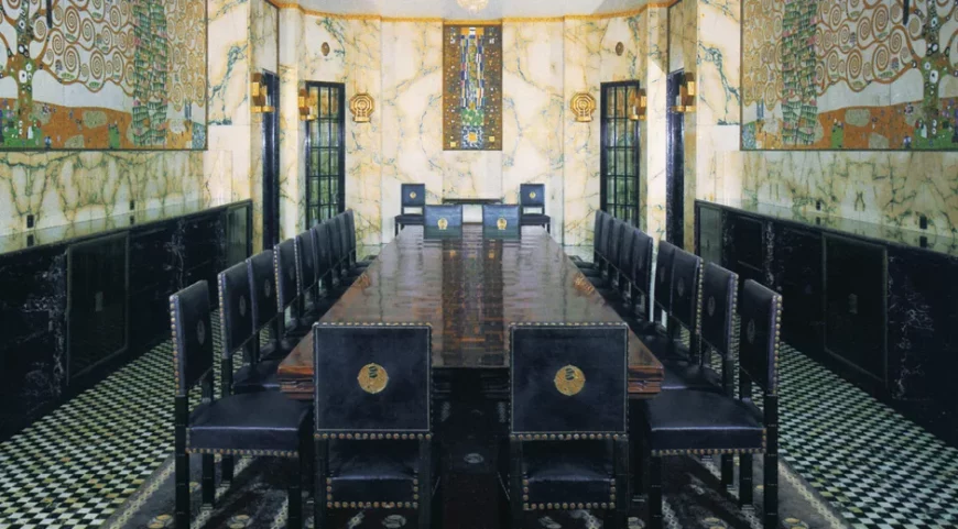 Dining room of the Palais Stoclet, c. 1905–11, designed by Josef Hoffmann. Wall frieze by Gustav Klimt includes enamel, mother-of-pearl and gold leaf.