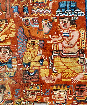Detail of a man in baggy trousers, holding a lamp and conducting an aarti. Knotted Carpet with human figures and Brahmi/Khotanese inscriptions, 5th–6th century C.E., Shanpula Township, Khotan District, Xinjiang Uygur Autonomous Region, China (photo: Qi Xiaoshan)