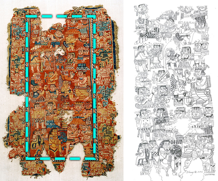 Left: Knotted Carpet with human figures and Brahmi/Khotanese inscriptions, 5th-6th century CE; Shanpula Township, Khotan District, Xinjiang Uygur Autonomous Region, China (photo: Qi Xiaoshan); right: line drawing of the Knotted Carpet