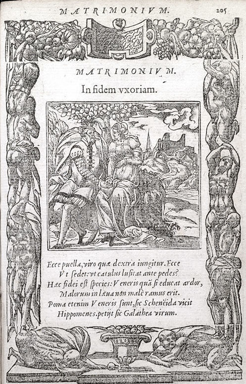 In fidem uxorium (“conjugal fidelity”) from the 1551 edition of Andrea Alciato’s Emblematum liber or Emblemata published by Macé Bonhomme for Guillaume Rouillé in Lyons (Stirling Maxwell Collection, University of Glasgow Library).