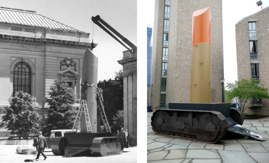Left: Installation of <em>Lipstick (Ascending) on Caterpillar Tracks</em>, 1969. Claes Oldenburg, <em>Lipstick (Ascending) on Caterpillar Tracks</em>, 1969–74, cor-ten steel, aluminum, cast resin, polyurethane enamel, 740 × 760 × 330 cm, Yale University (photo: Lippincott Sculpture); right: Claes Oldenburg, <em>Lipstick (Ascending) on Caterpillar Tracks</em>, 1969–74, cor-ten steel, aluminum, cast resin, polyurethane enamel, 740 × 760 × 330 cm, Yale University (photo: (photo: <a href="https://flic.kr/p/6kvUyi" target="_blank" rel="noopener noreferrer">vige</a>, CC: BY 2.0)