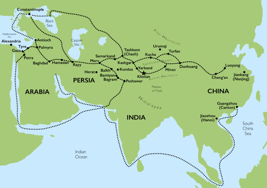 Map showing Khotan (near center) in the network of trade routes that made up the Silk Roads (adapted from a map by Dr. Evan Freeman, CC BY-NC-SA 2.0)
