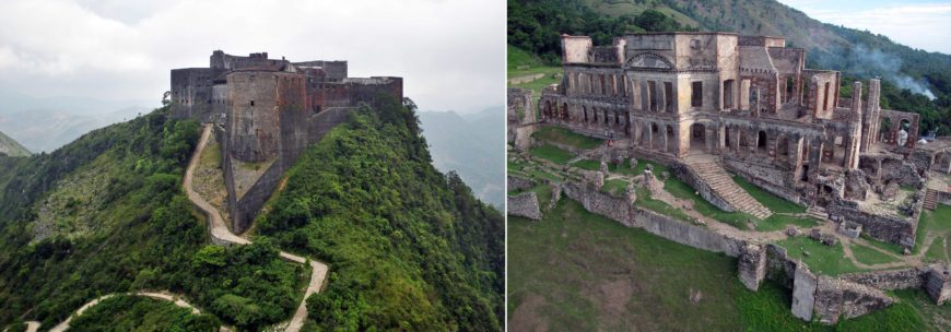 Left: Citadelle Laferrière aerial view, 19th century, Haiti (photo: SPC Gibran Torres, United States Army); right: Sans-Souci Palace Haiti, built by Henri Christophe, 1810–1813, Haiti (photo: Iconem, CC BY-SA 4.0)