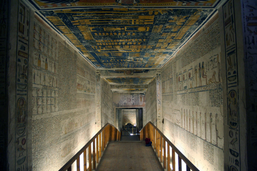 Amduat on both walls down to burial chamber, originally tomb of Ramses V (KV9), 20th dynasty, c. 1145 B.C.E., Valley of the Kings, Egypt (photo: Dr. Amy Calvert)