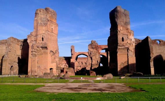 The Baths of Caracalla, Rome, view from the south-west of the caldarium. Construction on the Baths of Caracalla (known in the ancient world as the Thermae Antoninianae), may have begun under Emperor Septimius Severus. However, most of the work was completed under his son, the emperor Lucius Septimius Bassianus (commonly known as Caracalla) between 212–17 C.E. Due to the size and lavish decorations of the complex, it was not fully completed until 235 C.E. Some 9,000 workers were hired to construct the complex. It was built on a northeast/southwest axis to maximize sunlight and warmth in the hot baths and steam rooms located in the southwest sector of the complex (photo: Ethan Doyle White, CC BY-SA 4.0)