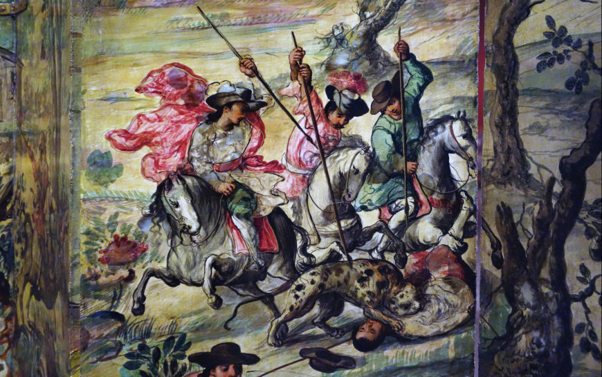 Folding Screen with the Siege of Belgrade (front) and Hunting Scene (reverse), c. 1697-1701, Mexico, oil on wood, inlaid with mother-of-pearl, 229.9 x 275.8 cm (Brooklyn Museum)