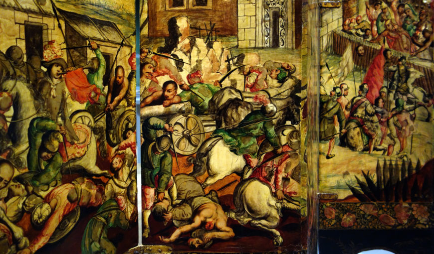 Folding Screen with the Siege of Belgrade (front) and Hunting Scene (reverse), c. 1697-1701, Mexico, oil on wood, inlaid with mother-of-pearl, 229.9 x 275.8 cm (Brooklyn Museum)