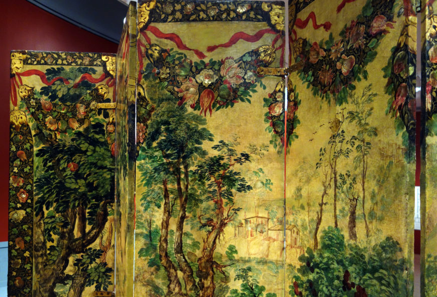 Folding Screen with the Siege of Belgrade (front) and Hunting Scene (reverse), c. 1697-1701, Mexico, oil on wood, inlaid with mother-of-pearl, 229.9 x 275.8 cm (Brooklyn Museum)