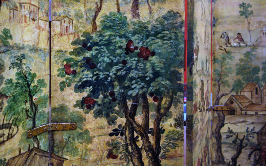 Folding Screen with the Siege of Belgrade (front) and Hunting Scene (reverse), c. 1697-1701, Mexico, oil on wood, inlaid with mother-of-pearl, 229.9 x 275.8 cm (Brooklyn Museum)