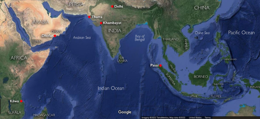 Map of the Indian Ocean trade, with cities noted in this essay (underlying map © Google)