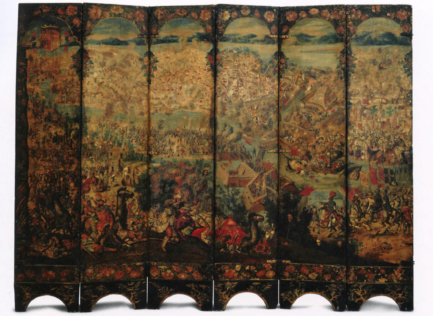 Folding Screen with a Scene from the Great Turkish War (front) and Hunting Scene (reverse), c. 1697–1701, c. 1697-1701, Mexico, oil on wood, inlaid with mother-of-pearl, 229.9 x 275.8 cm (Museo Nacional del Virreinato, Tepotzotlán)
