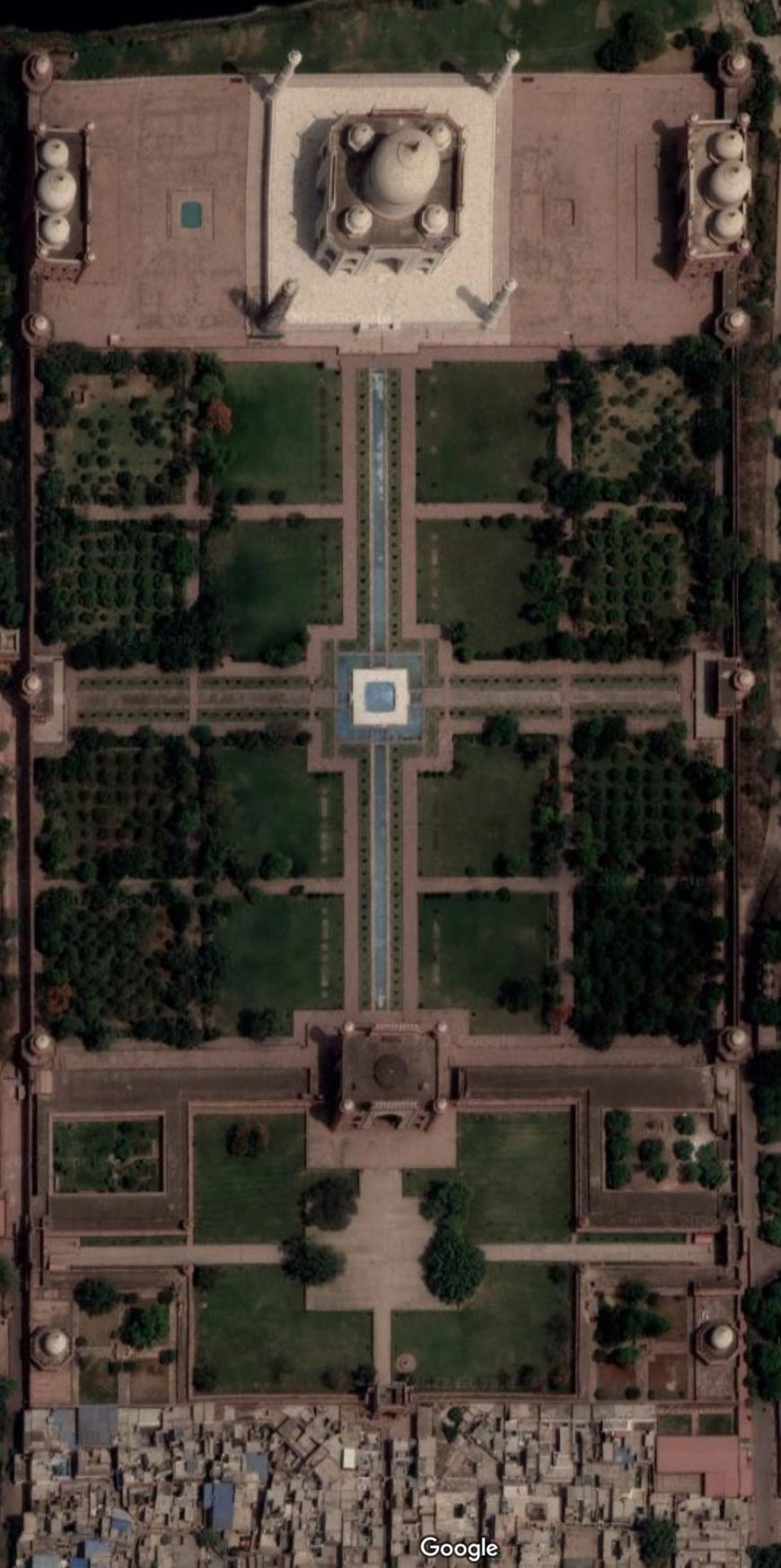 Aerial view of the Taj Mahal, Agra, India, 1632–53 (underlying map © Google)