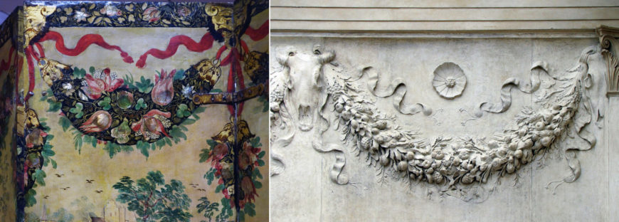 Left: garland, heads, and swag. Folding Screen with the Siege of Belgrade (front) and Hunting Scene (reverse), c. 1697-1701, Mexico, oil on wood, inlaid with mother-of-pearl, 229.9 x 275.8 cm (Brooklyn Museum); right: ox head and garland. Ara Pacis Augustae (Altar of Augustan Peace), 9 B.C.E. (Ara Pacis Museum, Rome, Italy) (photo: Steven Zucker, CC BY-NC-SA 2.0)