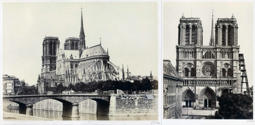 Edouard Baldus, Notre-Dame, abside (left) and façade (right), 1860s, albumen silver print from glass negative, left: 21.7 x 28.6 cm, right: 27.6 x 21.1 cm (The Metropolitan Museum of Art)