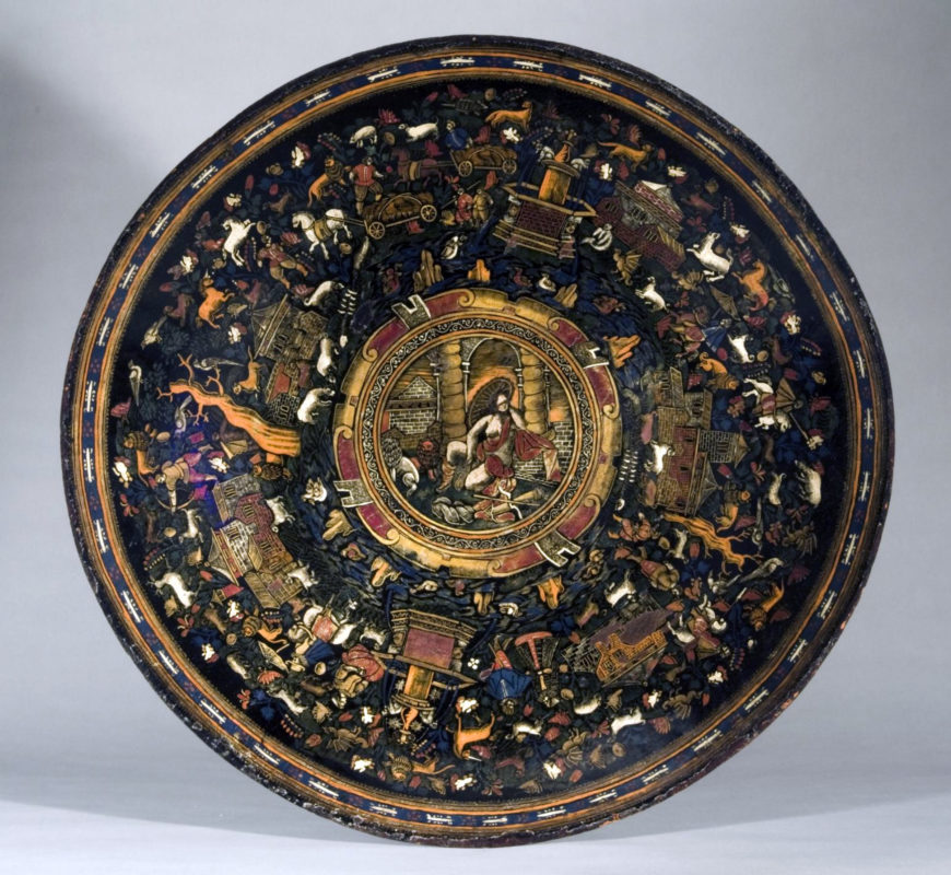 Batea, 1600–1700, Peribán (Mexico), Mexican lacquer on wood, H. 8 cm, diam. 56.5 cm (Hispanic Society of America)