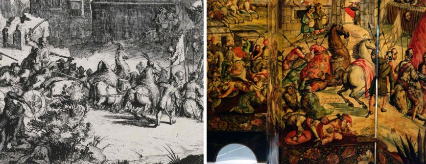 Left: Detail of Romeyn de Hooghe, Belgrade Taken by Storm by Maximilian Emanuel, Elector of Bavaria, September 6, 1688, 1688, engraving, 47 x 58 cm (Rijksmuseum); right: detail of battle scene in Folding Screen with the Siege of Belgrade (front) and Hunting Scene (reverse), c. 1697-1701, Mexico, oil on wood, inlaid with mother-of-pearl, 229.9 x 275.8 cm (Brooklyn Museum)