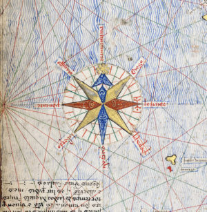 Compass rose and windrose lines, Catalan Atlas (Sheet 3A), Elisha ben Abraham Cresques, 1375, Majorca (Bibliothèque Nationale de France)