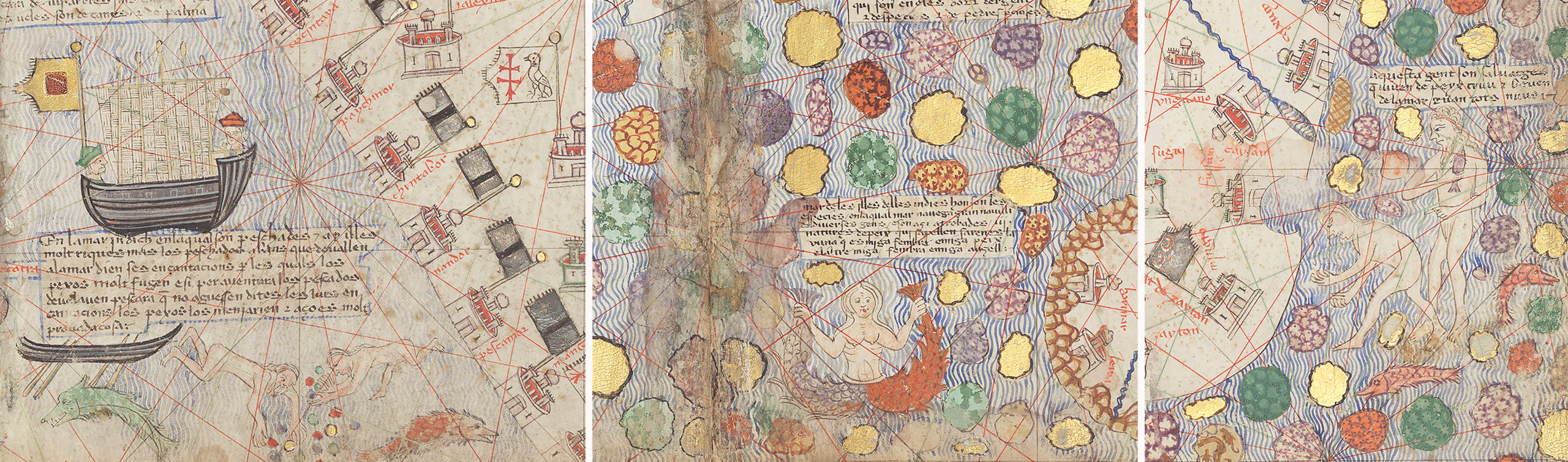 From left: pearl fishers (Sheet 5B), siren (Sheet 6B), and icthyophagi (raw fish eaters) (Sheet 6B), Catalan Atlas, Elisha ben Abraham Cresques, 1375, Majorca (Bibliothèque Nationale de France)