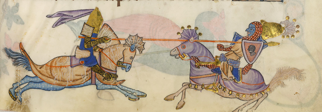 The Muslim jouster’s blue skin and sneering expression make him appear not only foreign, but also monstrous. Luttrell psalter, jousting scene between Muslim leader Salah al-din and English crusader King Richard I325-40 (British Library)