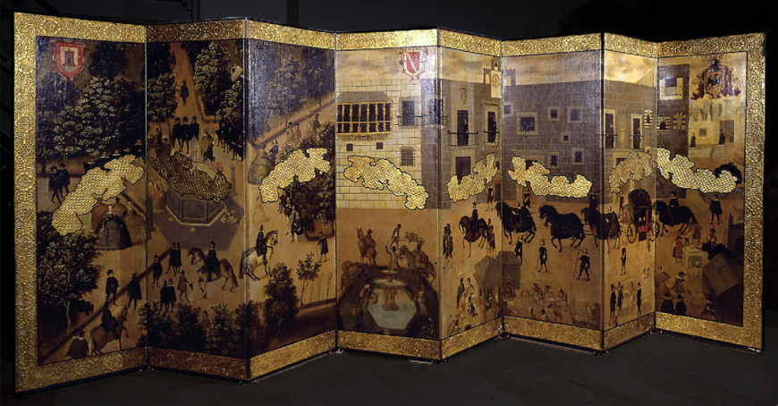 Folding screen with view of the viceroy’s palace, c. 1675, oil paint and gilding (Museo de América, Madrid)