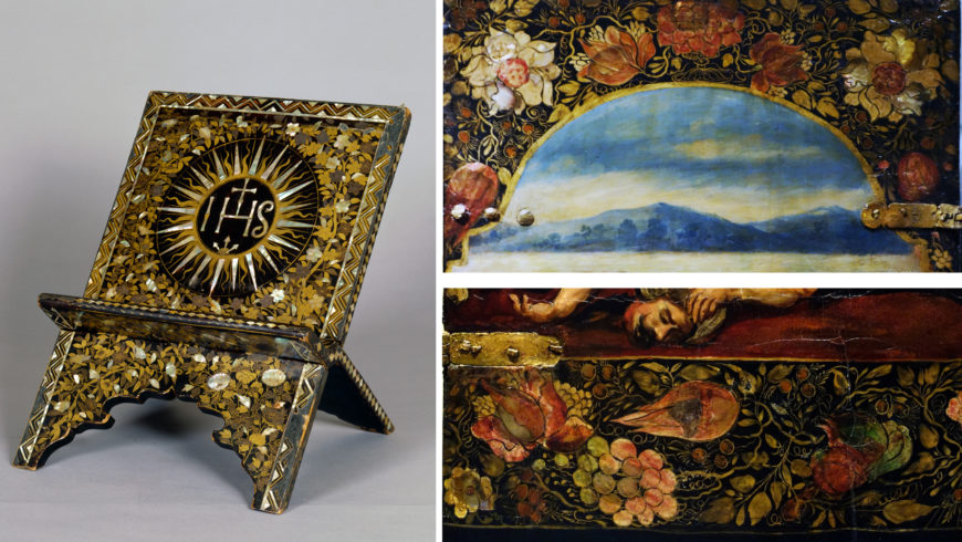 Left: Japanese artist, missal, 1580–1620, wood, lacquer, gold & shell, 35 x 31 cm (Peabody Essex Museum, MA); right: details of Folding Screen with the Siege of Belgrade (front) and Hunting Scene (reverse), c. 1697–1701, Mexico, oil on wood, inlaid with mother-of-pearl, 229.9 x 275.8 cm (Brooklyn Museum)