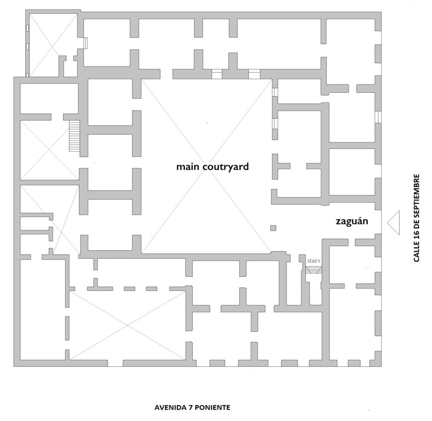 Plan of the first floor of the Casa del Dean, 16th century, Puebla, Mexico (plan adapted from: YoelResidente, CC BY-SA 4.0)