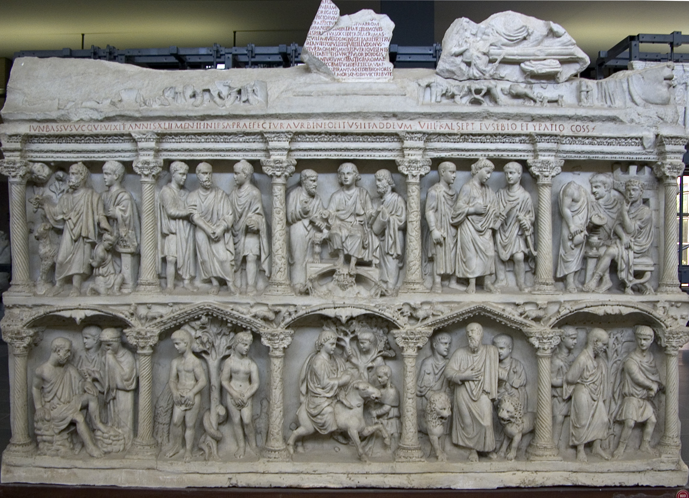 Plaster cast copy of Sarcophagus of Junius Bassus, original is 359 C.E., marble (Treasury, St. Peter's Basilica, Vatican City, photo: Steven Zucker, CC BY-NC-SA 2.0)