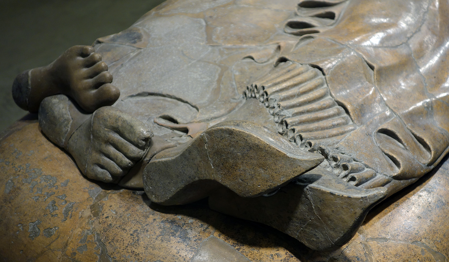 Feet and shoes (detail), Sarcophagus of the Spouses, c. 520 B.C.E., Etruscan, painted terracotta, 140 x 202 cm, found in the Banditaccia necropolis, Cerveteri (Museo Nazionale Etrusco di Villa Giulia, Rome; photo: Steven Zucker, CC BY-NC-SA 2.0)