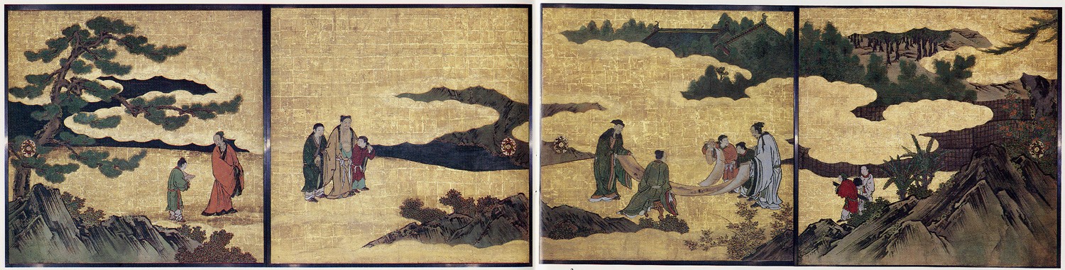 Appreciation of Painting, from a set of the "Four Accomplishments," Kano school, Momoyama period, c. 1606, four of eight panels mounted on sliding-door panels, ink, color, gold and gold leaf on paper, 182.9 × 731.5 cm (The Metropolitan Museum of Art)