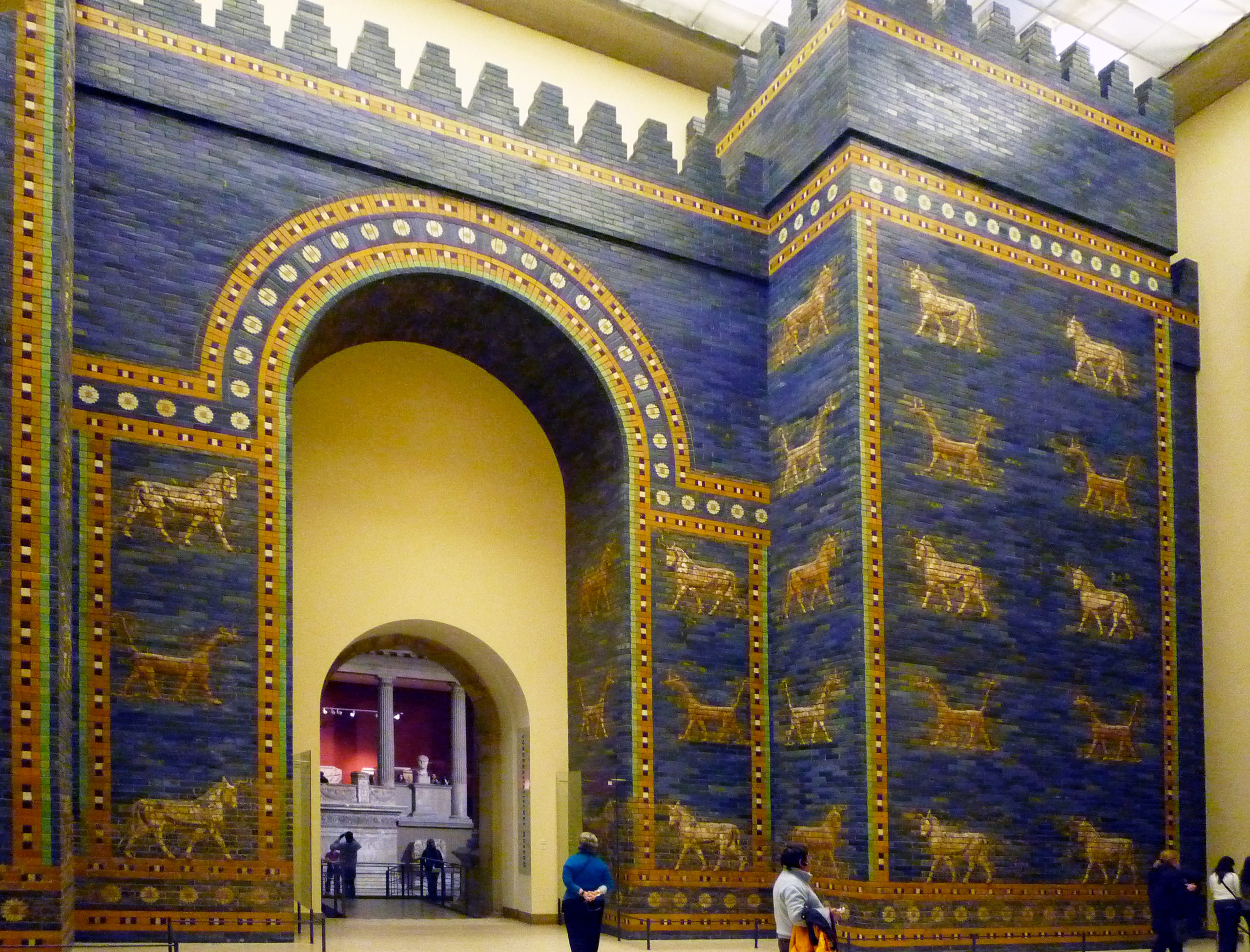 Ishtar Gate and Processional Way (Reconstruction), Babylon, c. 575 B.C.E., glazed mud brick (Pergamon Museum, Berlin; photo: Steven Zucker, CC BY-NC-SA 2.0)