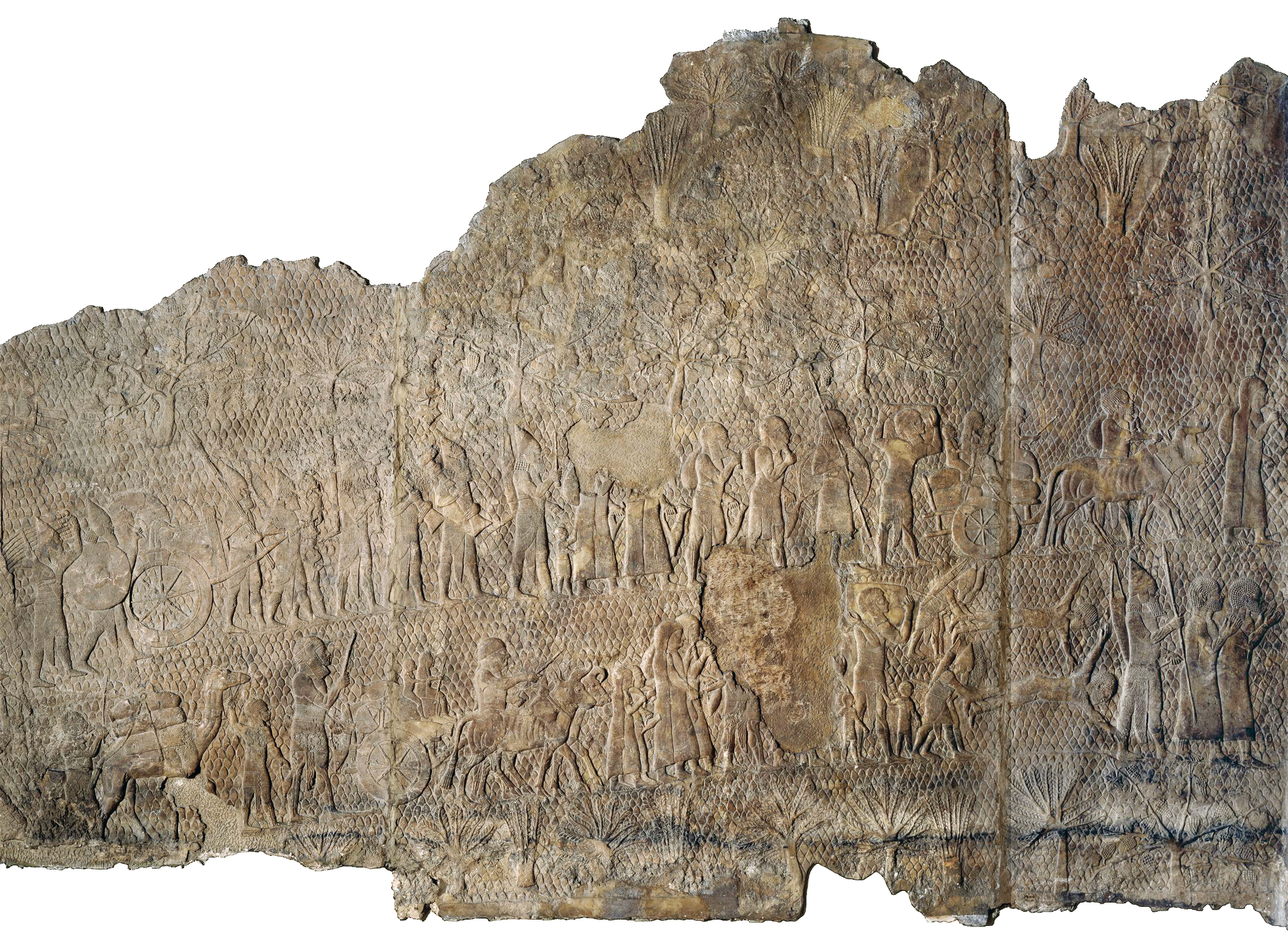 The Siege and Capture of the City of Lachish in 701 B.C.E., panel 8–9, South-West Palace of Sennacherib, Nineveh, northern Iraq, Neo-Assyrian, c. 700–681 B.C.E., alabaster, 183 x 193 cm (© The Trustees of the British Museum) Part of a series which decorated the walls of a room in the palace of King Sennacherib (reigned 704–681 B.C.E.). The Assyrian soldiers continue the attack on Lachish. They carry away a throne, a chariot and other goods from the palace of the governor of the city. In front and below them some of the people of Lachish, carrying what goods they can salvage, move through a rocky landscape studded with vines, fig and perhaps olive trees. Sennacherib records that as a result of the whole campaign he deported 200,150 people. This was standard Assyrian policy, and was adopted by the Babylonians, the next ruling empire.