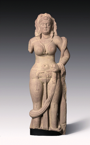 Nagini (Snake Goddess), 1st century C.E., sandstone, 62 3/4 x 23 x 12 1/2 inches, carved in Mathura (The Nelson-Atkins Museum of Art)