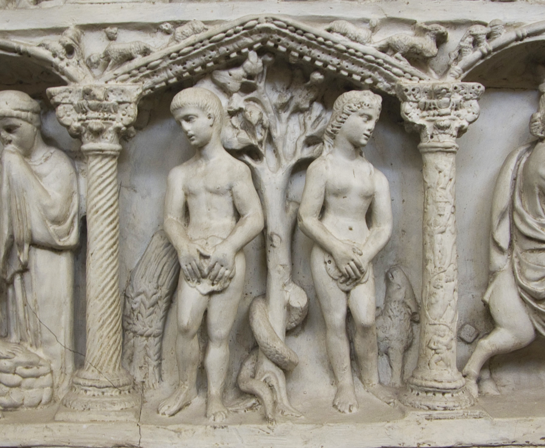 Adam and Eve (detail), plaster copy of Sarcophagus of Junius Bassus, original is 359 C.E., marble (Treasury, St. Peter's Basilica, Vatican City; photo: Steven Zucker, CC BY-NC-SA 2.0)