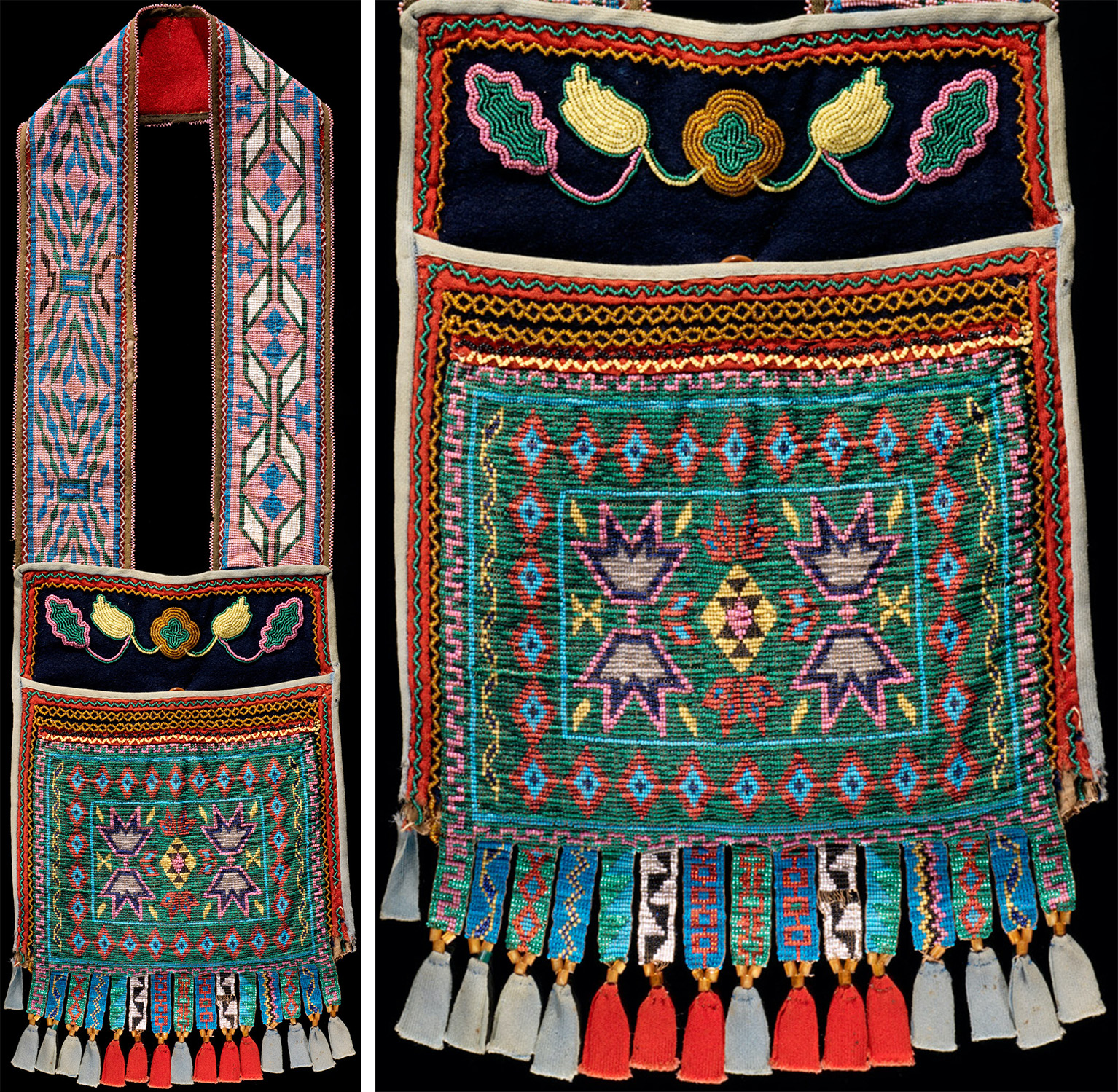Bandolier Bag, Anishinaabe (Chippewa/Ojibwe), c. 1870, Upper Great Lakes, wool, cotton cloth, and glass beads. 87 x 26 cm (National Museum of the American Indian, New York)