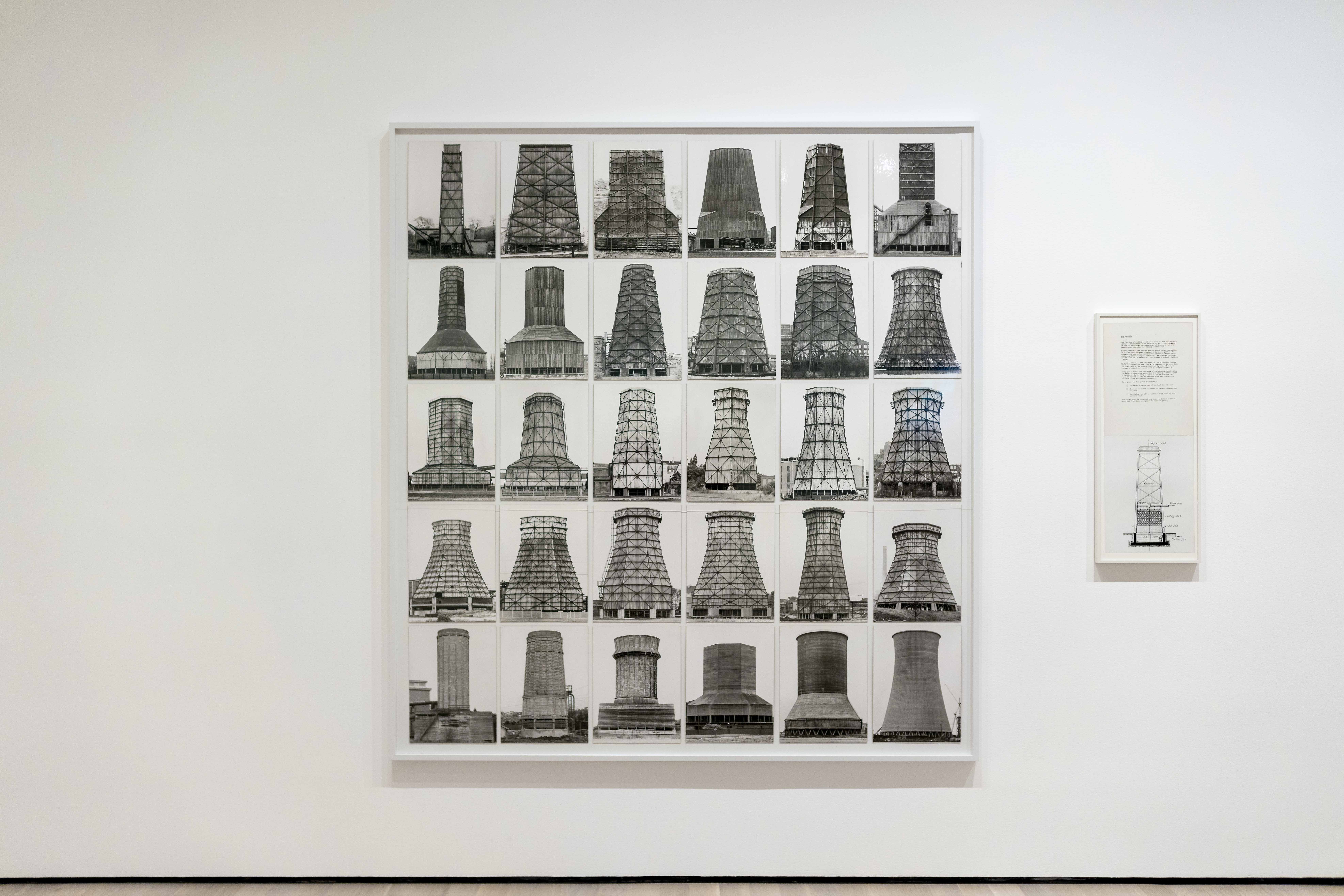 Bernd Becher and Hilla Becher, Anonymous Sculpture, 1970, grid with 30 gelatin silver prints plus diagram, 207.3 × 188.4 cm (The Museum of Modern Art, © Estate of Bernd Becher and Hilla Becher)