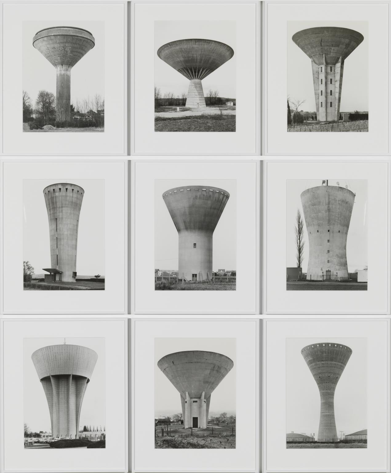 Bernd Becher, Hilla Becher, Water Towers, 1971-2009, grid of nine gelatin silver prints, 172 × 142 cm (Tate, © Estate of Bernd Becher & Hilla Becher)
