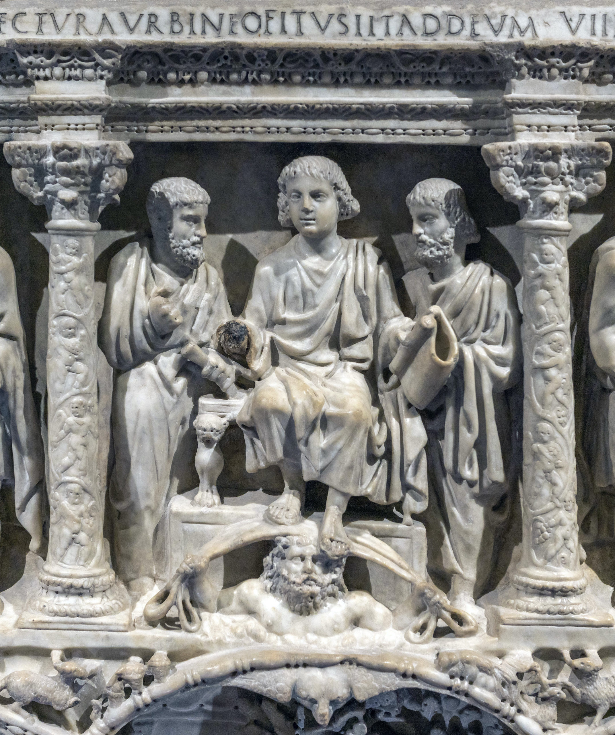 Giving of the law (tradition legis) (detail), Sarcophagus of Junius Bassus, 359 C.E., marble (Treasury, St. Peter's Basilica, Vatican City; photo: Steven Zucker, CC BY-NC-SA 2.0)