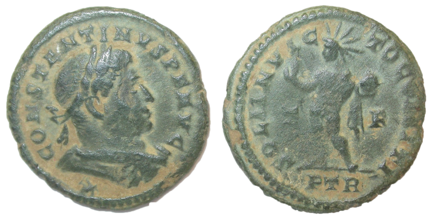 Roman coin of Constantine I with Sol Invictus on the reverse, 307-318 (Derby Museums Trust)