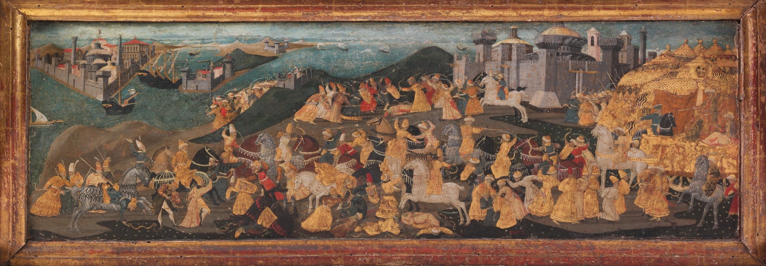 Front panel depicting the Conquest of Trebizond, Marco del Buono Giamberti and Apollonio di Giovanni di Tomaso, Cassone with the Conquest of Trebizond, after c. 1461, poplar wood, linen, polychromed and gilded gesso with panel painted in tempera and gold, 100.3 x 195.6 x 83.5 cm (The Metropolitan Museum of Art)