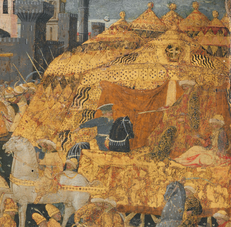 Mehmed II seated on a triumphal chariot pulled by two white horses (detail of front panel), Marco del Buono Giamberti and Apollonio di Giovanni di Tomaso, Cassone with the Conquest of Trebizond, after c. 1461, poplar wood, linen, polychromed and gilded gesso with panel painted in tempera and gold, 100.3 x 195.6 x 83.5 cm (The Metropolitan Museum of Art)