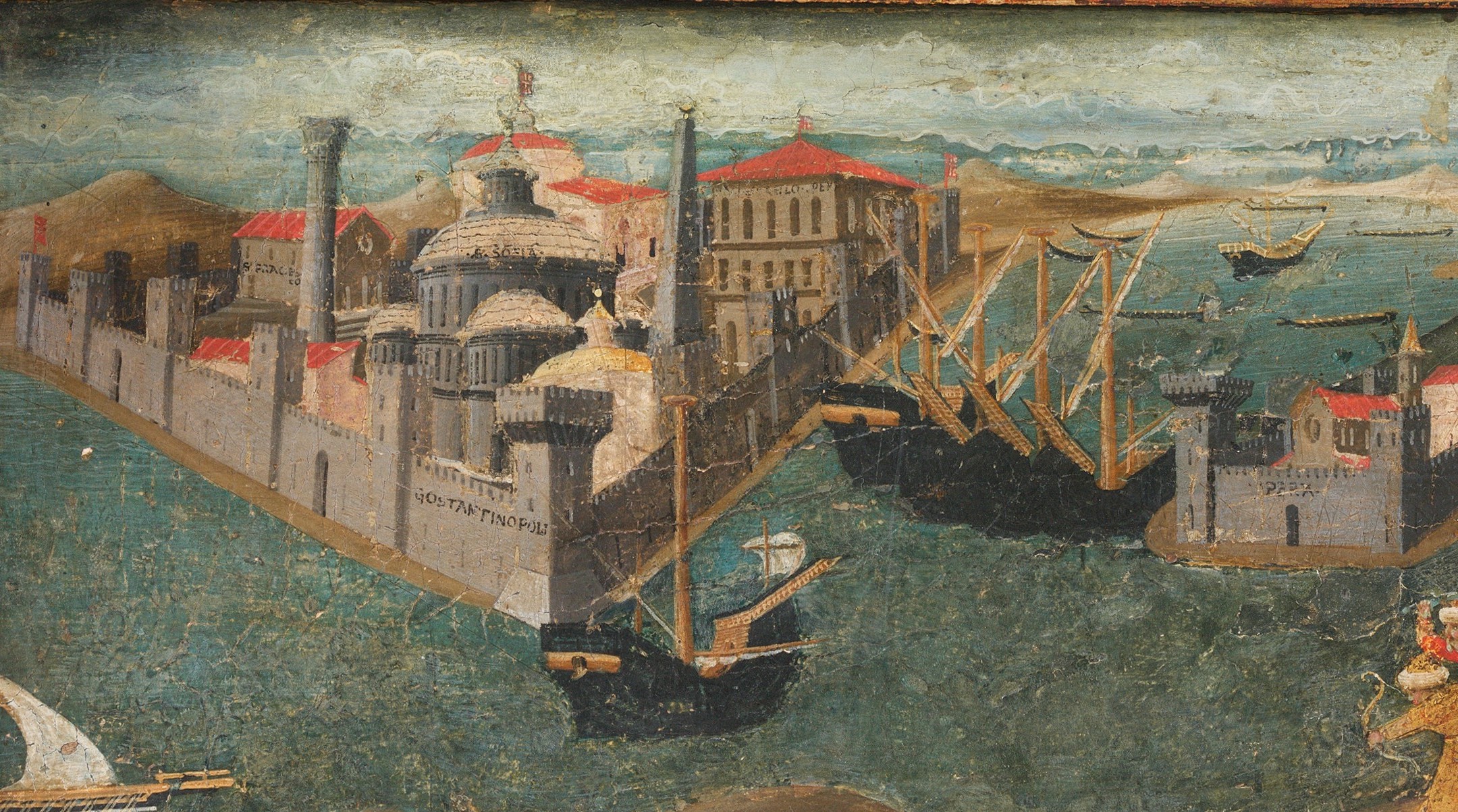 Constantinople (detail of front panel), Marco del Buono Giamberti and Apollonio di Giovanni di Tomaso, Cassone with the Conquest of Trebizond, after c. 1461, poplar wood, linen, polychromed and gilded gesso with panel painted in tempera and gold, 100.3 x 195.6 x 83.5 cm (The Metropolitan Museum of Art)
