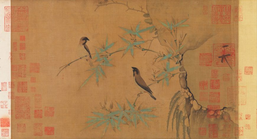 Emperor Huizong, Finches and bamboo, early 12th century, Northern Song dynasty, handscroll; ink and color on silk, China, 33.7 × 55.4 cm (The Metropolitan Museum of Art)