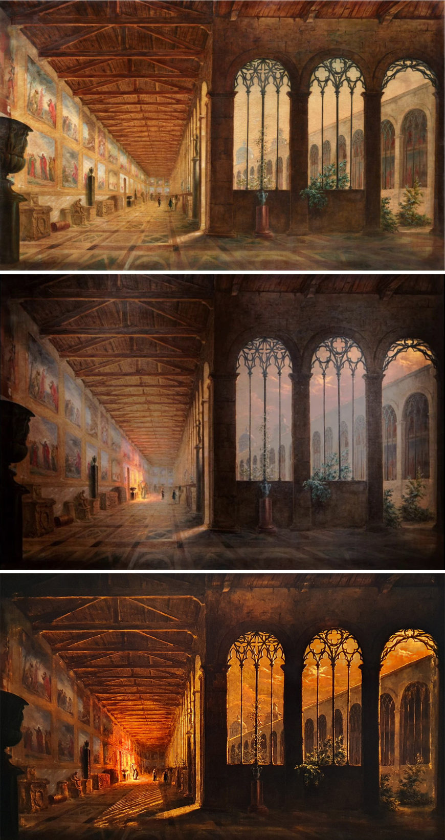 A diorama by Daguerre shown with different projections of light. Louis Daguerre and Charles Bouton, The Campo Santo of Pisa, c. 1834, oil on canvas, 92 x 152 cm (Galerie Perrin, Paris)