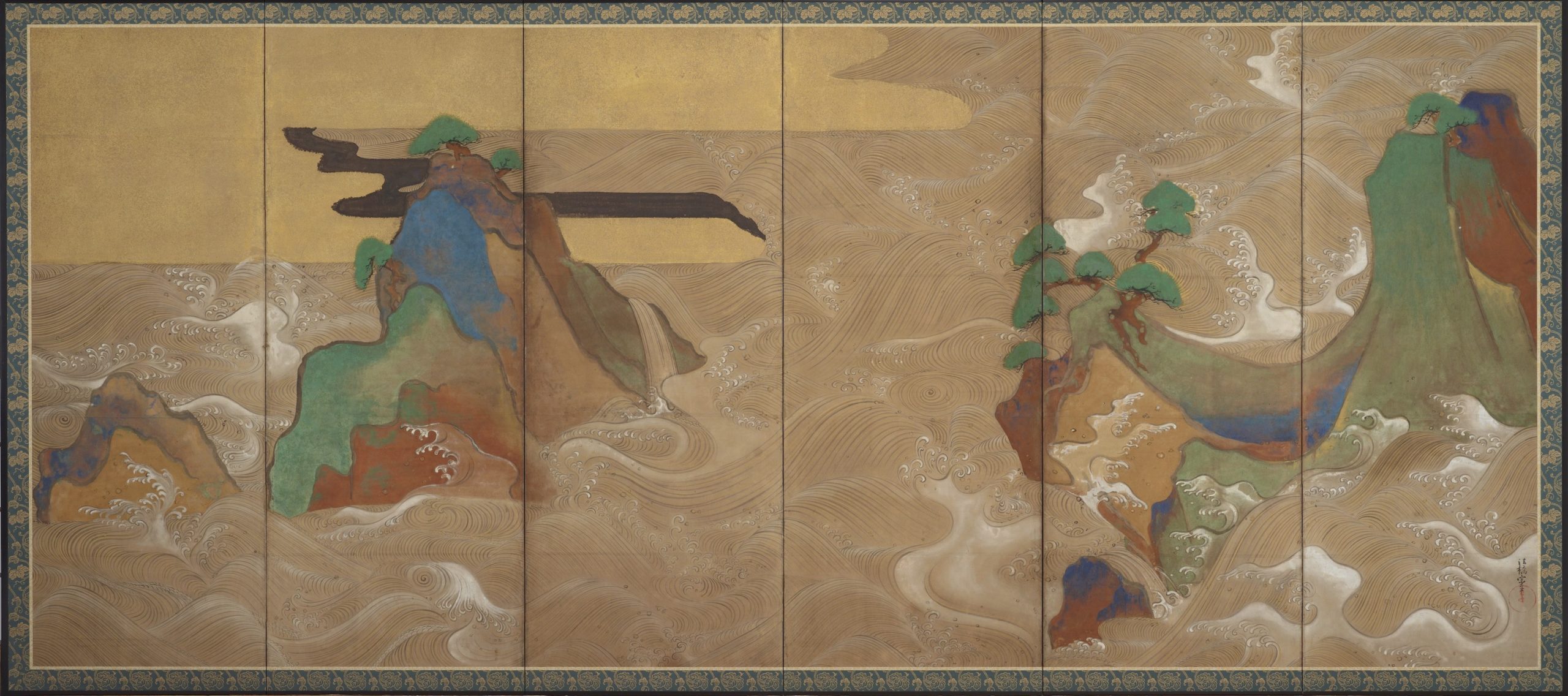 Tawaraya Sōtatsu, Waves at Matsushima, c. 1600–40, right side of a pair of six-panel folding screens, ink, color, gold, and silver on paper (National Museum of Asian Art, Smithsonian, Washington, D.C.)