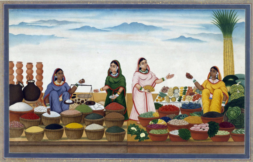 Shiva Dayal Lal, Women Selling Produce, Patna, ca. 1850. Opaque watercolor on paper, 26 x 39.5 cm. P. C. Manuk and Miss G. M. Coles Bequest through Art Fund, Victoria and Albert Museum, London