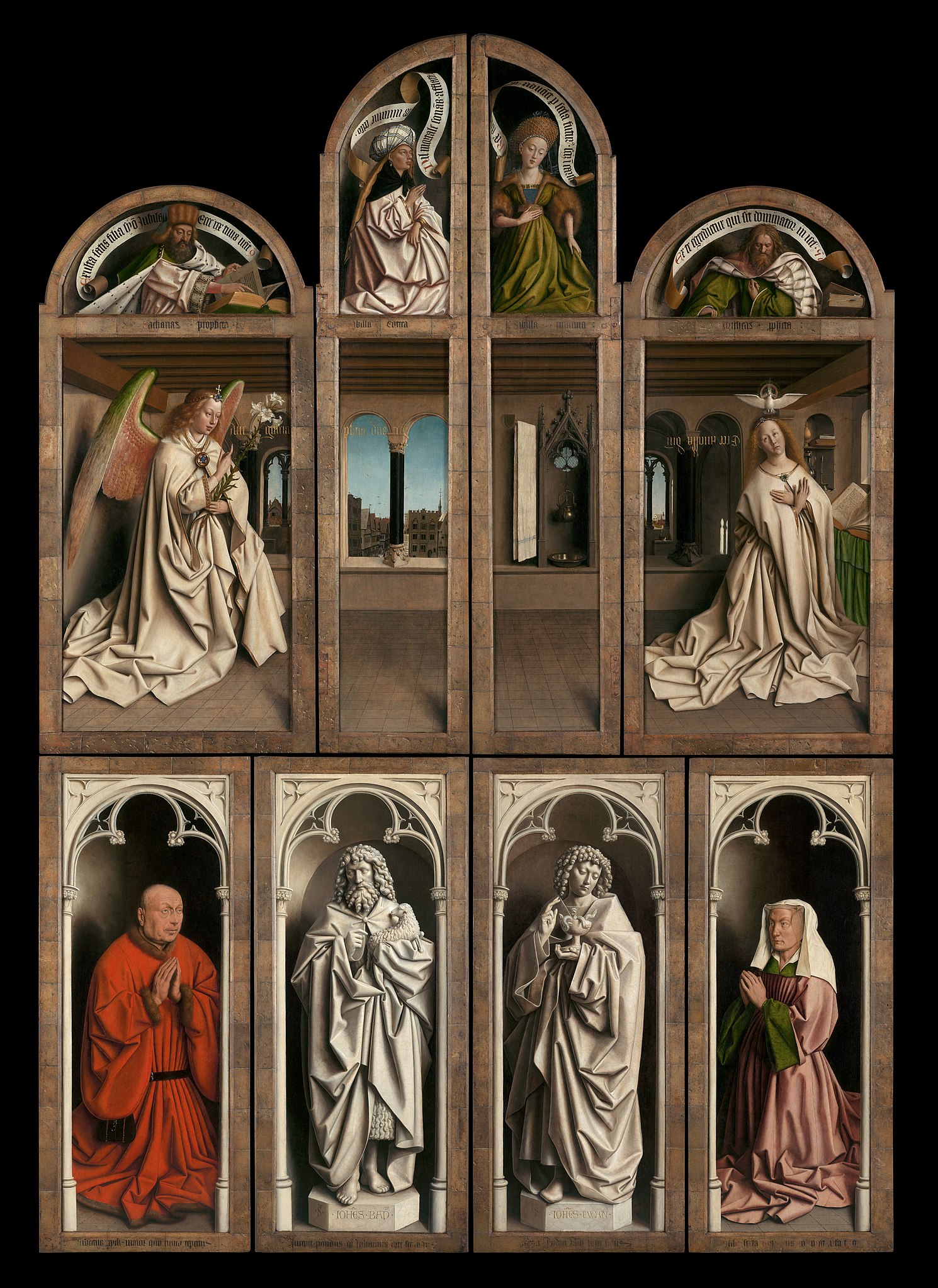 Jan and Hubert van Eyck, Ghent Altarpiece (also known as The Adoration of the Mystic Lamb), 1432, tempera and oil on panel, 147-5/8  x 102 -3/8 inches (closed, after restoration) (Cathedral of Saint Bavo, Ghent, Belgium; photo: Madatoille, CC0)